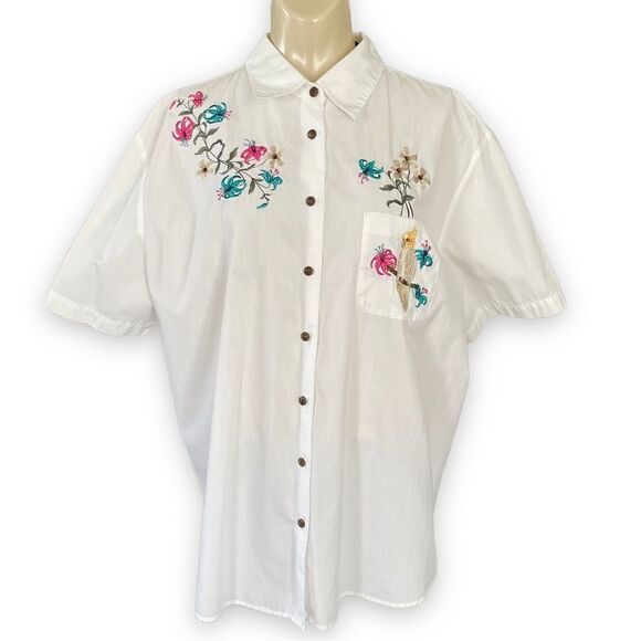 Karen Scott Sport Embroidered Embellished Flower Parrot Bird Short Sleeve Blouse - Picture 9 of 16